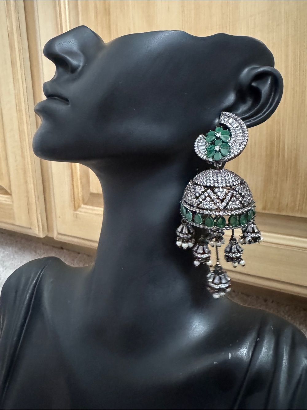 Green and Silver Jhumka Earrings - Elegant Women's Accessory